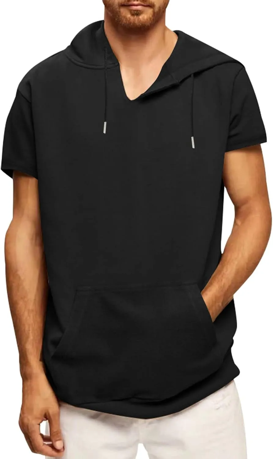 Short Sleeve Hoodies for Men Summer V Neck Hooded Shirts Lightweight Pullover Tops with Pocket Drawstring Casual Tees
