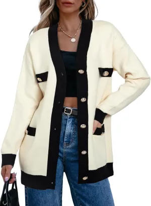 Sidefeel Women's Cardigan Sweaters Open Front Button Down Plaid Chunky Knit Jackets with Pockets