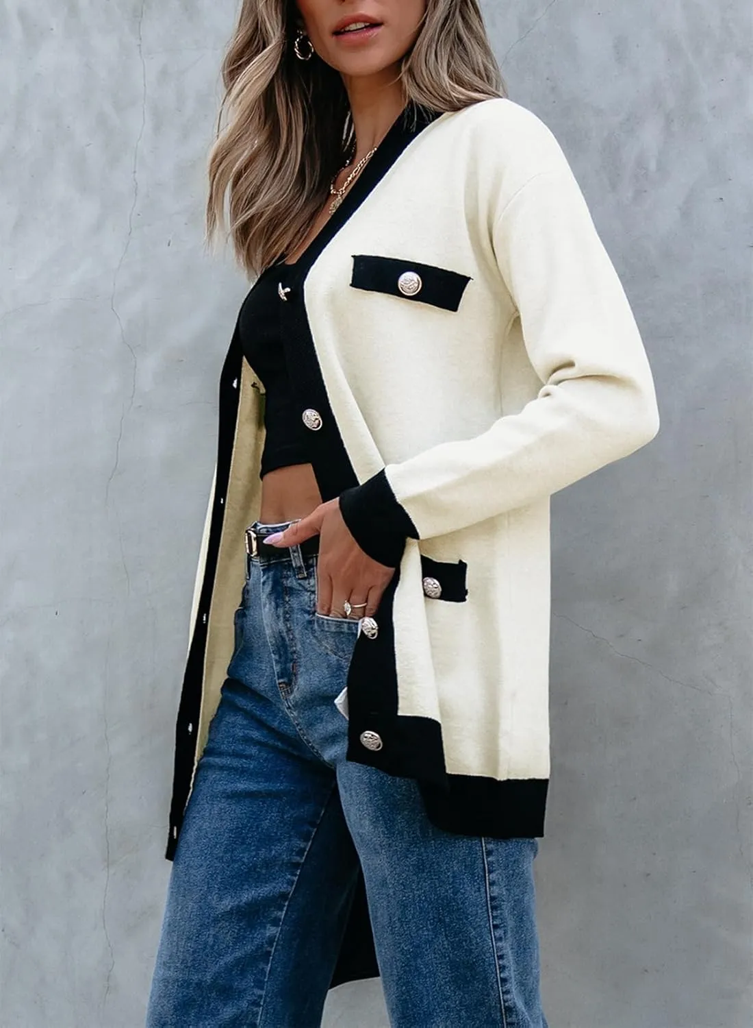 Sidefeel Women's Cardigan Sweaters Open Front Button Down Plaid Chunky Knit Jackets with Pockets