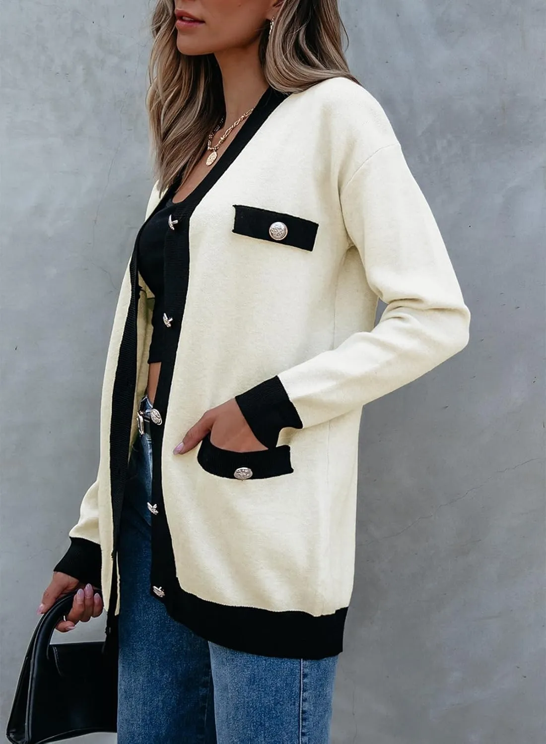 Sidefeel Women's Cardigan Sweaters Open Front Button Down Plaid Chunky Knit Jackets with Pockets