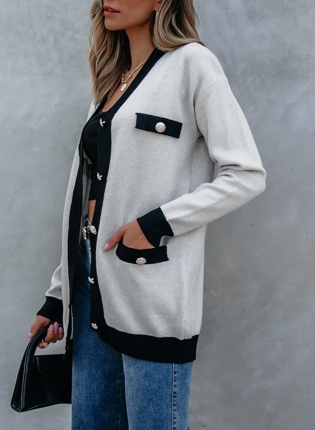 Sidefeel Women's Cardigan Sweaters Open Front Button Down Plaid Chunky Knit Jackets with Pockets