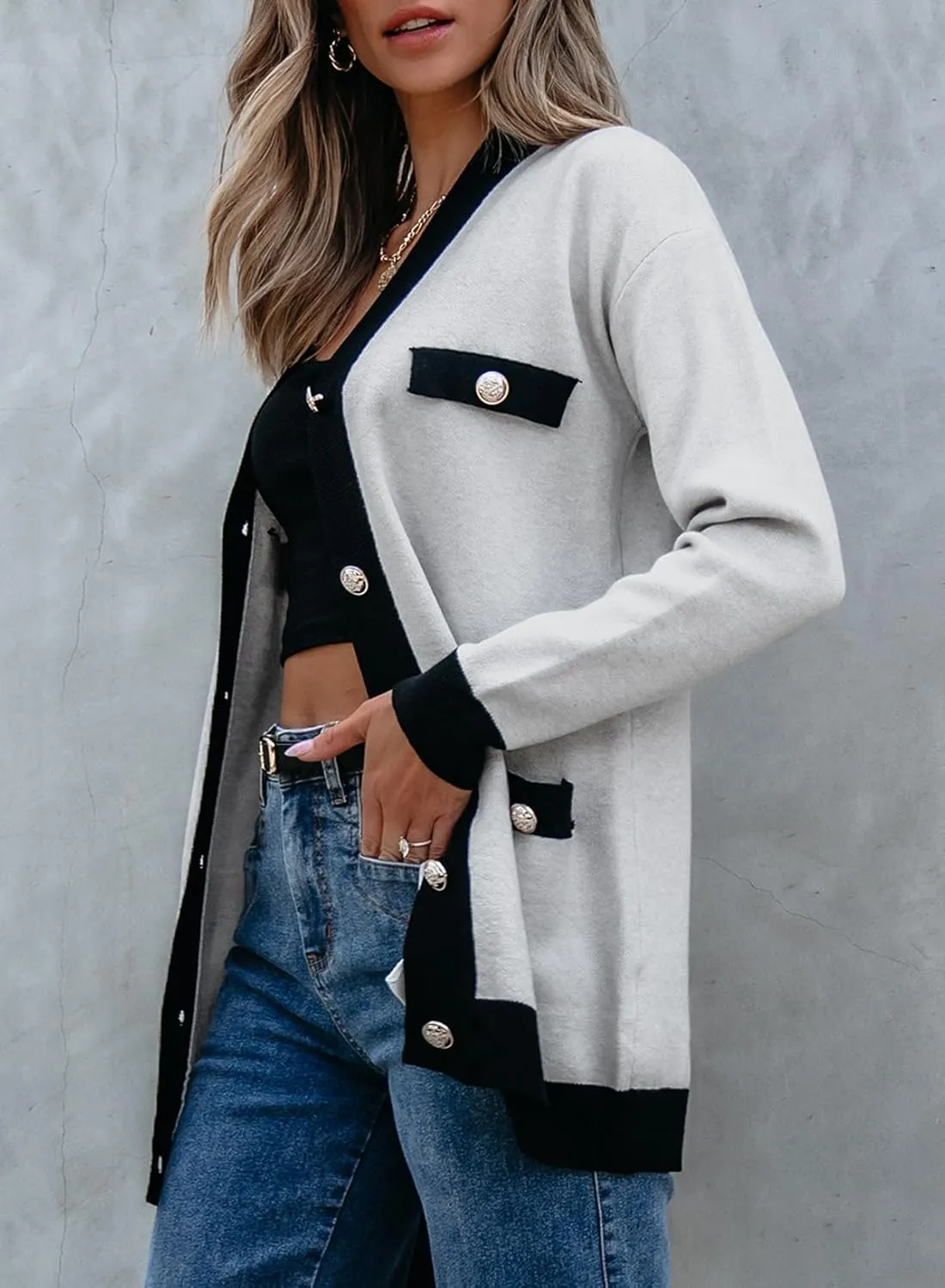 Sidefeel Women's Cardigan Sweaters Open Front Button Down Plaid Chunky Knit Jackets with Pockets