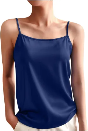 Silky Camisole Tops for Women Spaghetti Strap Tank Top Satin Cami Shirts Basic Undershirt Loose Sleeveless Blouse