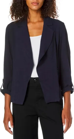 SLIM-SATION Women's Roll Tab Long Sleeve 2 Zip Pocket Lapel Collar Open Front Jacket