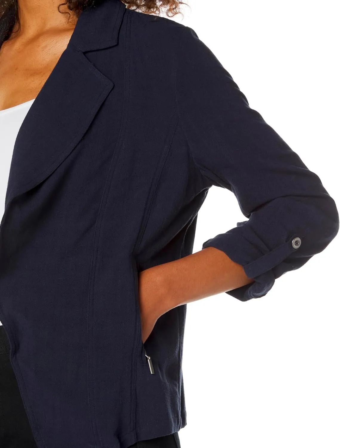 SLIM-SATION Women's Roll Tab Long Sleeve 2 Zip Pocket Lapel Collar Open Front Jacket