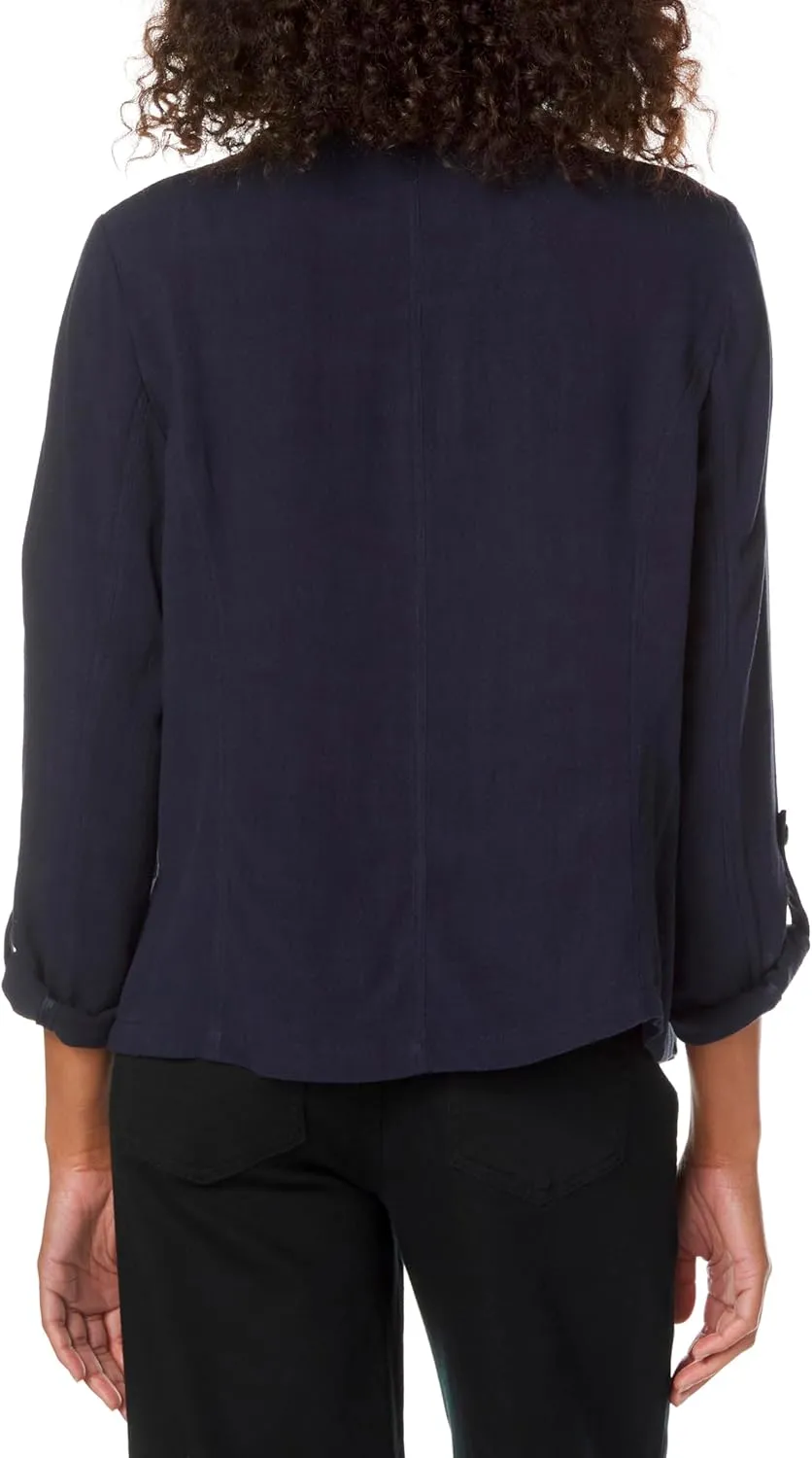 SLIM-SATION Women's Roll Tab Long Sleeve 2 Zip Pocket Lapel Collar Open Front Jacket