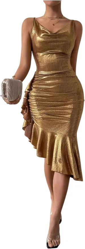 SOLY HUX Women's Metallic Bodycon Dresses Sexy Ruffle Asymmetrical Club Party Prom Midi Dress