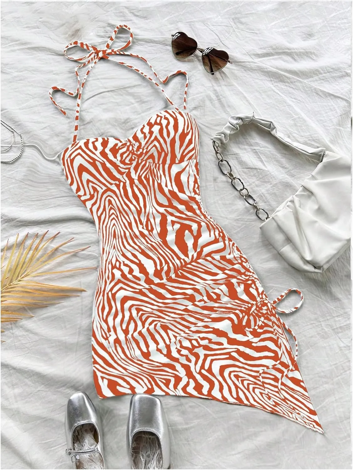 SOLY HUX Women's Zebra Striped Halter Mini Dress Sleeveless Drawstring Split Asymmetrical Hem Bodycon Dresses