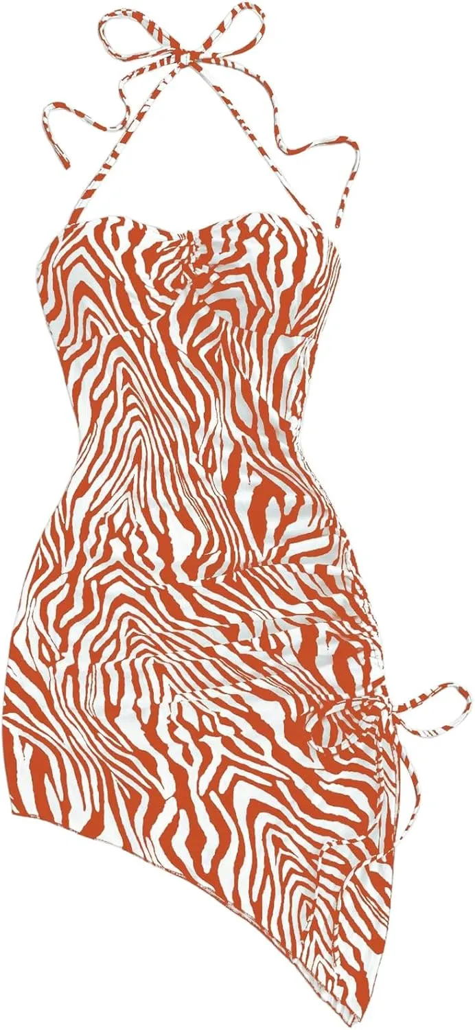 SOLY HUX Women's Zebra Striped Halter Mini Dress Sleeveless Drawstring Split Asymmetrical Hem Bodycon Dresses