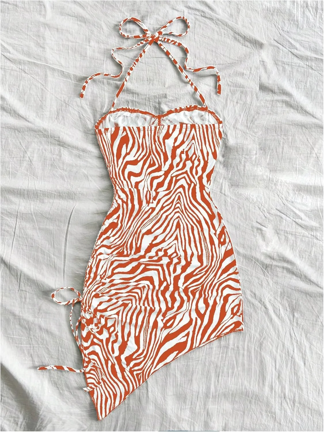SOLY HUX Women's Zebra Striped Halter Mini Dress Sleeveless Drawstring Split Asymmetrical Hem Bodycon Dresses