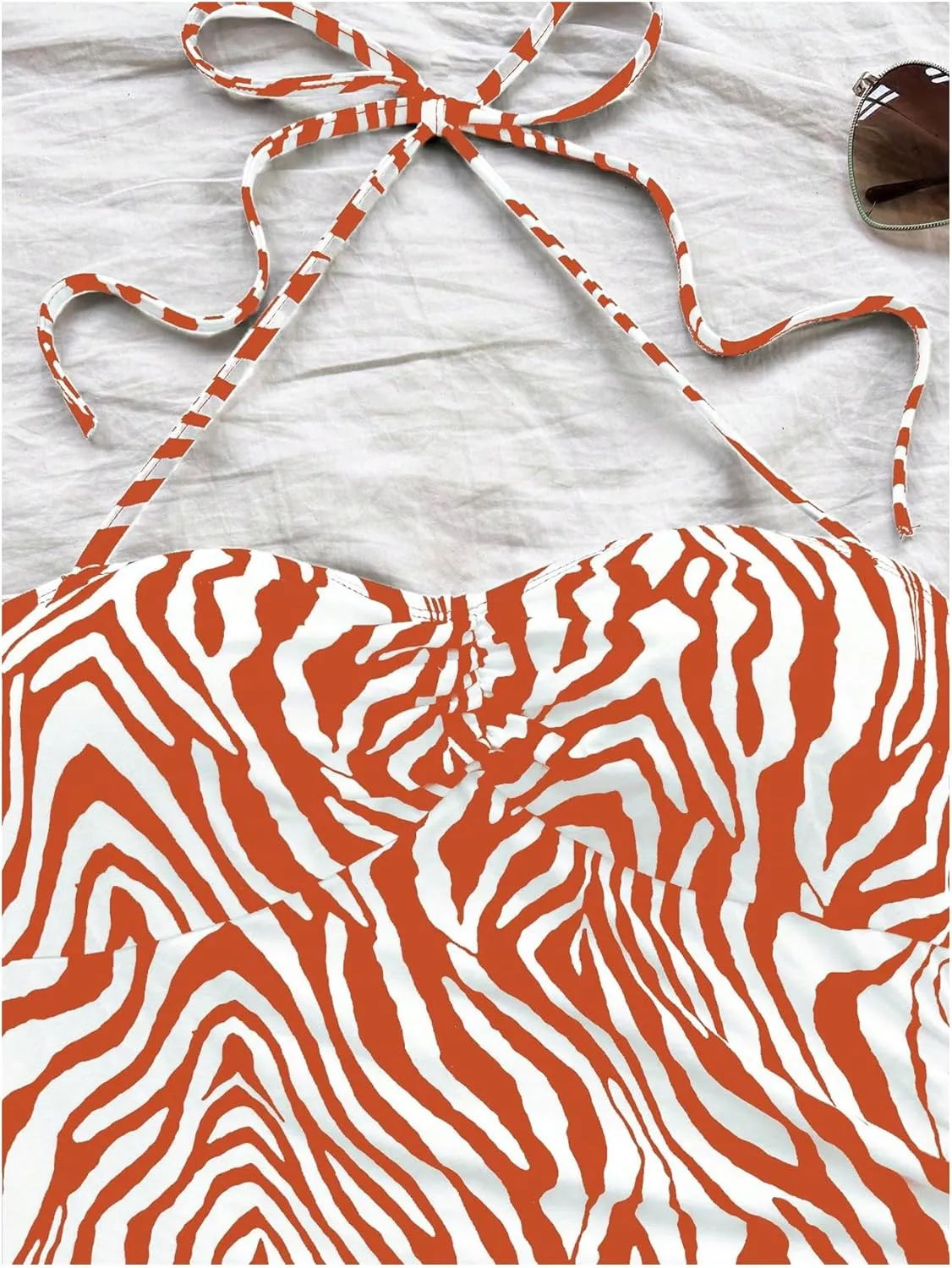SOLY HUX Women's Zebra Striped Halter Mini Dress Sleeveless Drawstring Split Asymmetrical Hem Bodycon Dresses