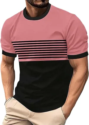 Striped Shirts for Men Short Sleeve Crewneck Neck T-Shirts with Pocket Classic Basic Tees Fashion Summer Shirt Tops
