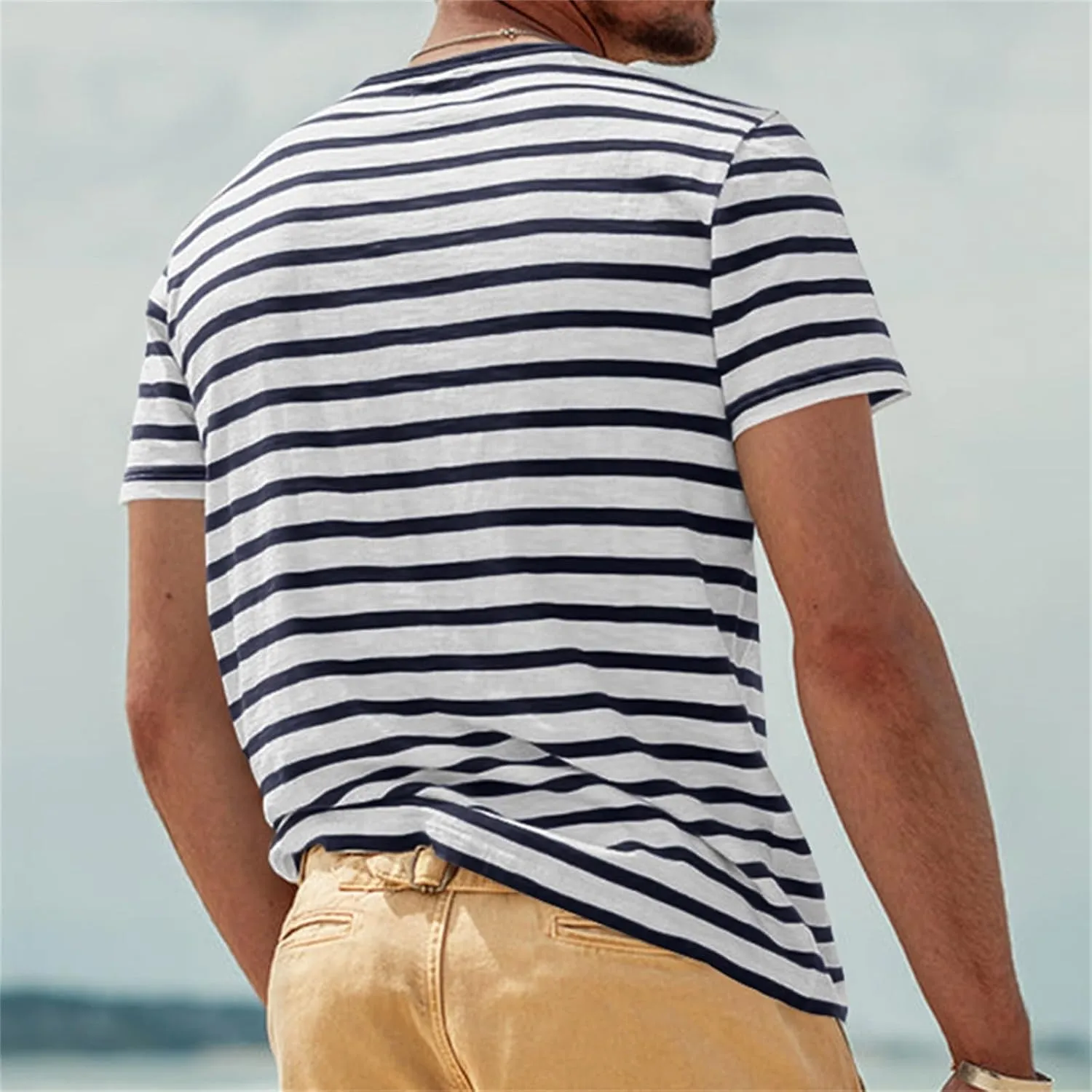 Striped Shirts for Men Short Sleeve Crewneck Neck T-Shirts with Pocket Classic Basic Tees Fashion Summer Shirt Tops