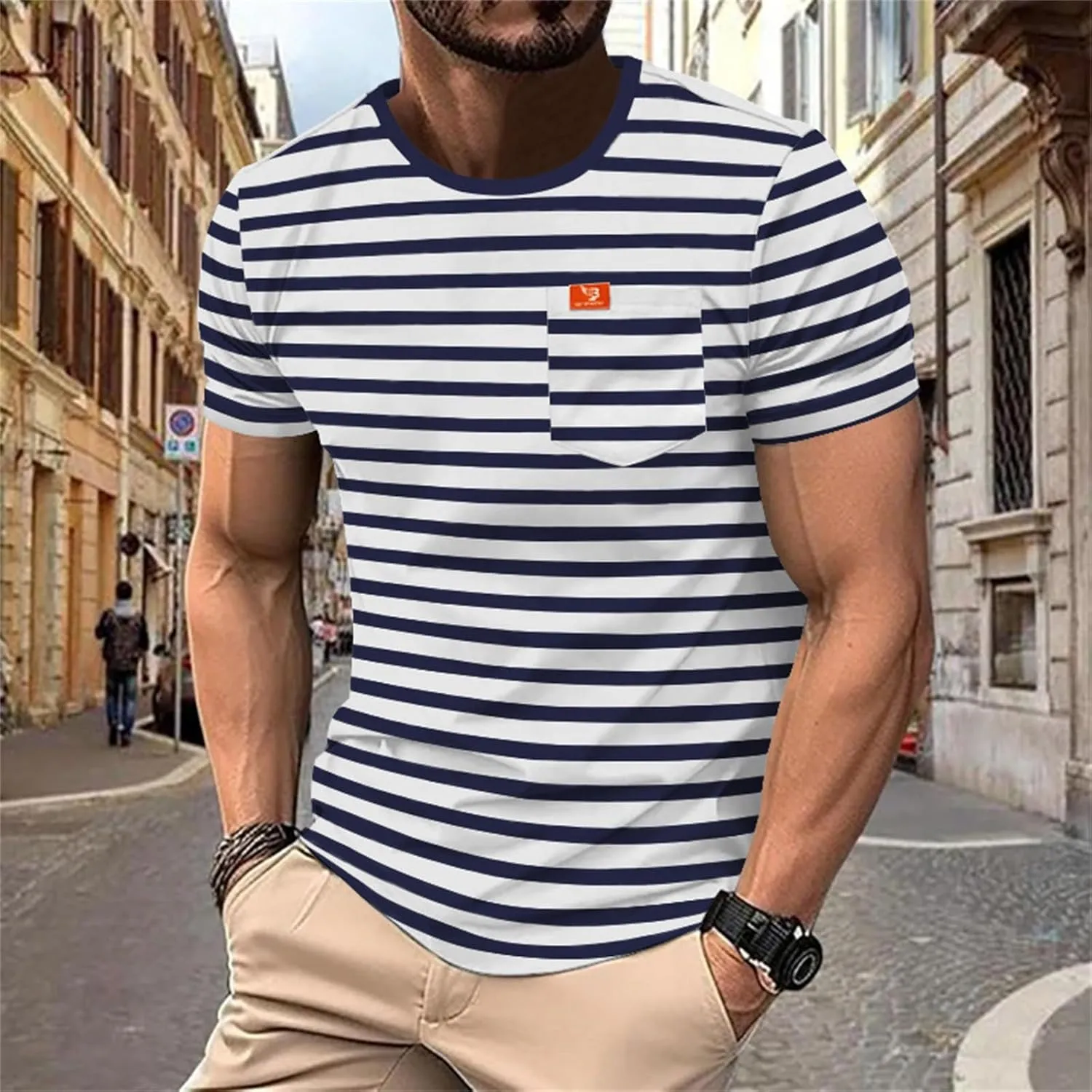Striped Shirts for Men Short Sleeve Crewneck Neck T-Shirts with Pocket Classic Basic Tees Fashion Summer Shirt Tops