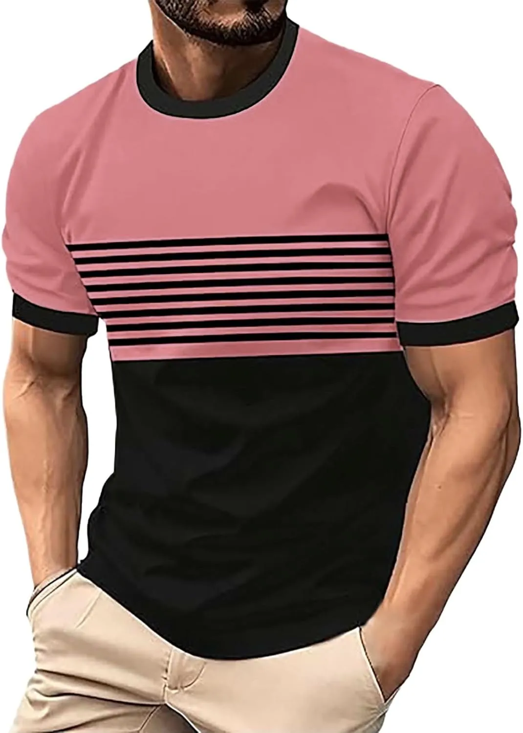 Striped Shirts for Men Short Sleeve Crewneck Neck T-Shirts with Pocket Classic Basic Tees Fashion Summer Shirt Tops
