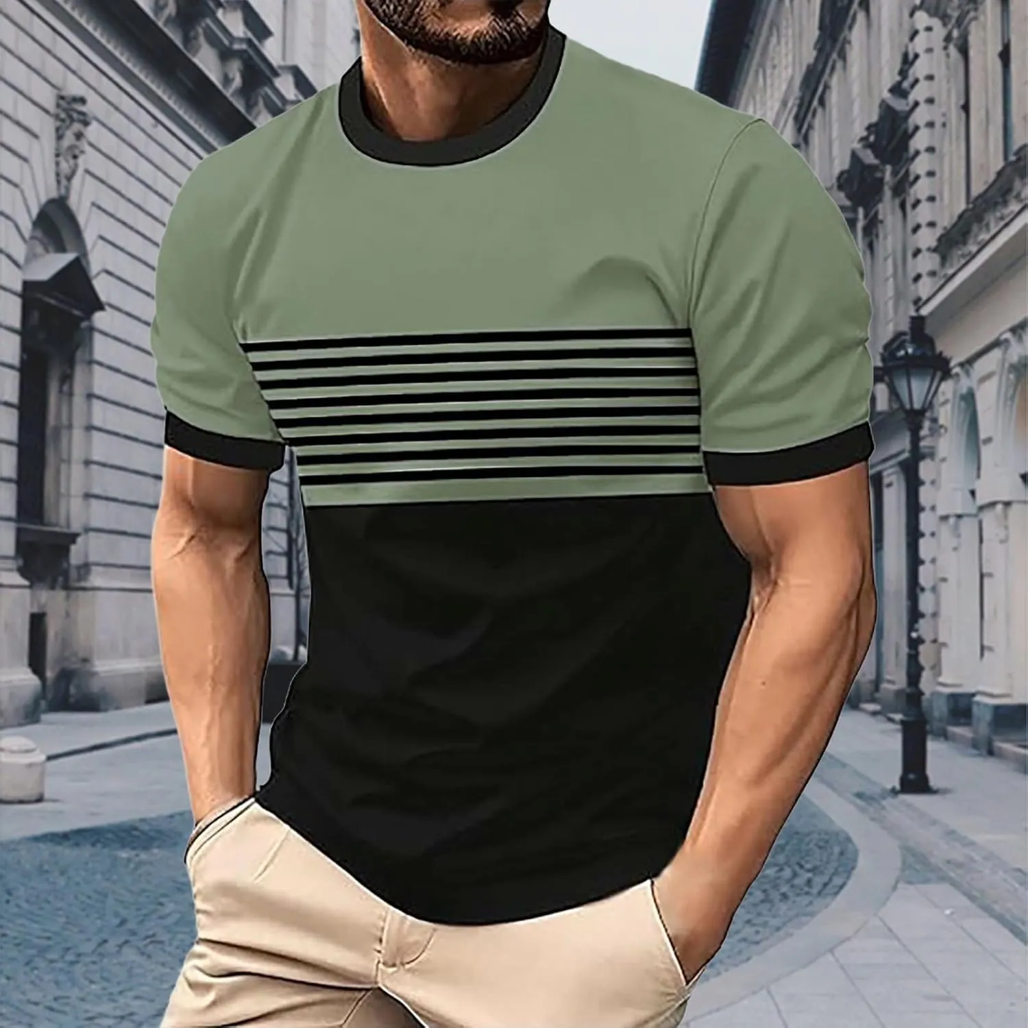 Striped Shirts for Men Short Sleeve Crewneck Neck T-Shirts with Pocket Classic Basic Tees Fashion Summer Shirt Tops