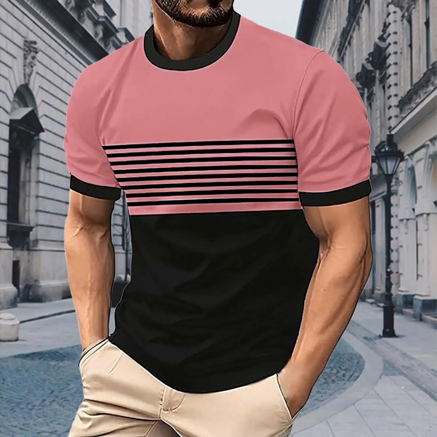 Striped Shirts for Men Short Sleeve Crewneck Neck T-Shirts with Pocket Classic Basic Tees Fashion Summer Shirt Tops