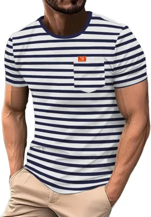 Striped Shirts for Men Short Sleeve Crewneck Neck T-Shirts with Pocket Classic Basic Tees Fashion Summer Shirt Tops
