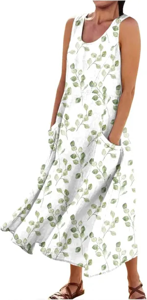 Summer Dresses 2024 Sleeveless Maxi Dress Round Neck Flowy Dress with Two Large Pockets Casual Sundresses for Women