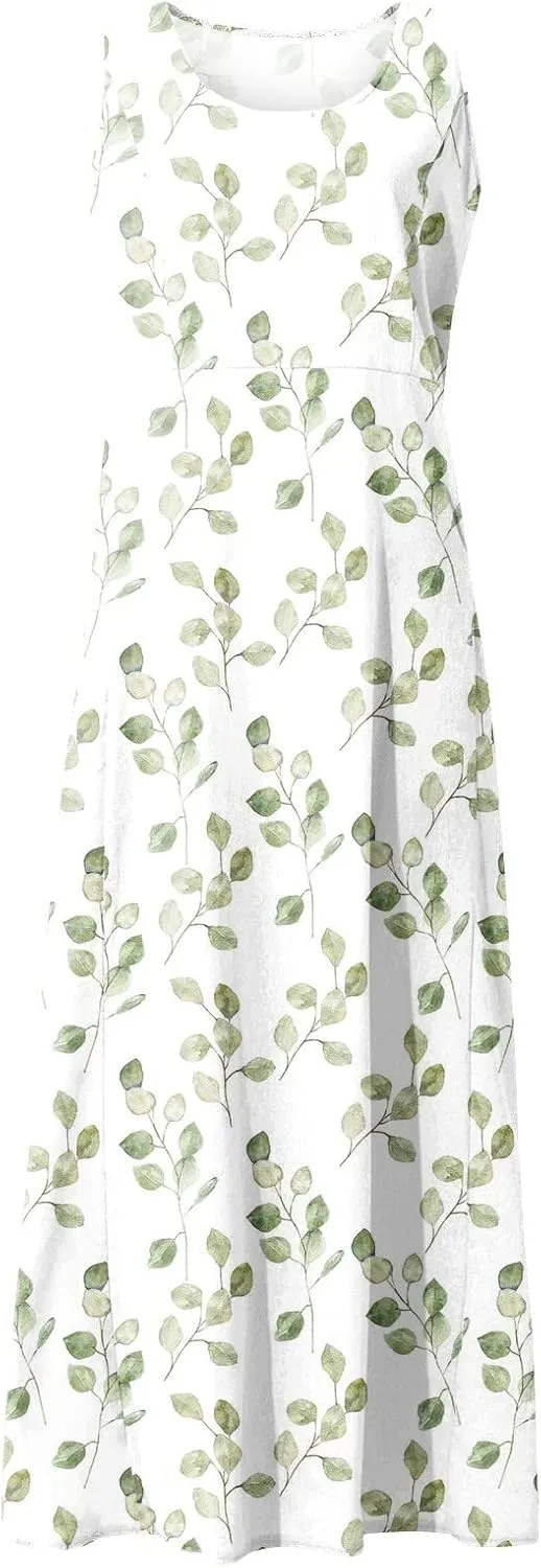 Summer Dresses 2024 Sleeveless Maxi Dress Round Neck Flowy Dress with Two Large Pockets Casual Sundresses for Women