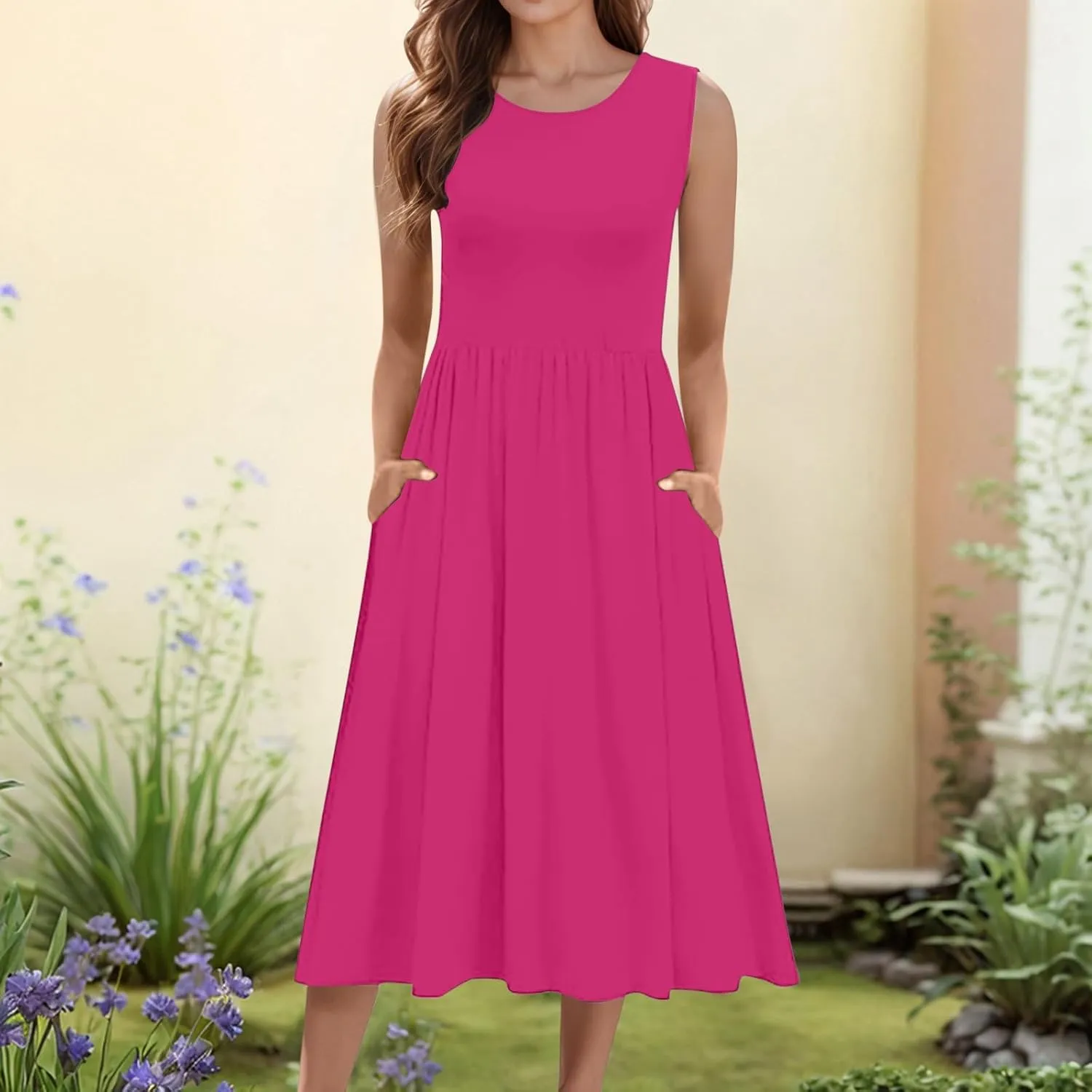 Summer Racerback Knit Sundress Sleeveless Boho Dress with Pockets Breathable Beach-to-Travel Midi A-Line Dress