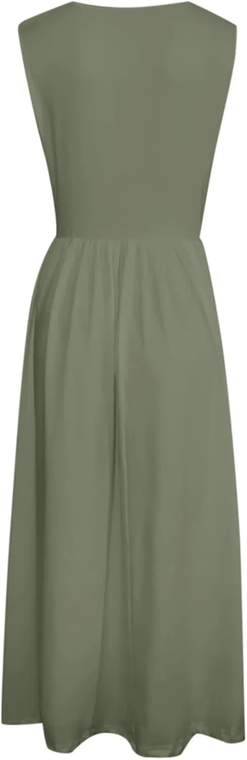 Summer Racerback Knit Sundress Sleeveless Boho Dress with Pockets Breathable Beach-to-Travel Midi A-Line Dress
