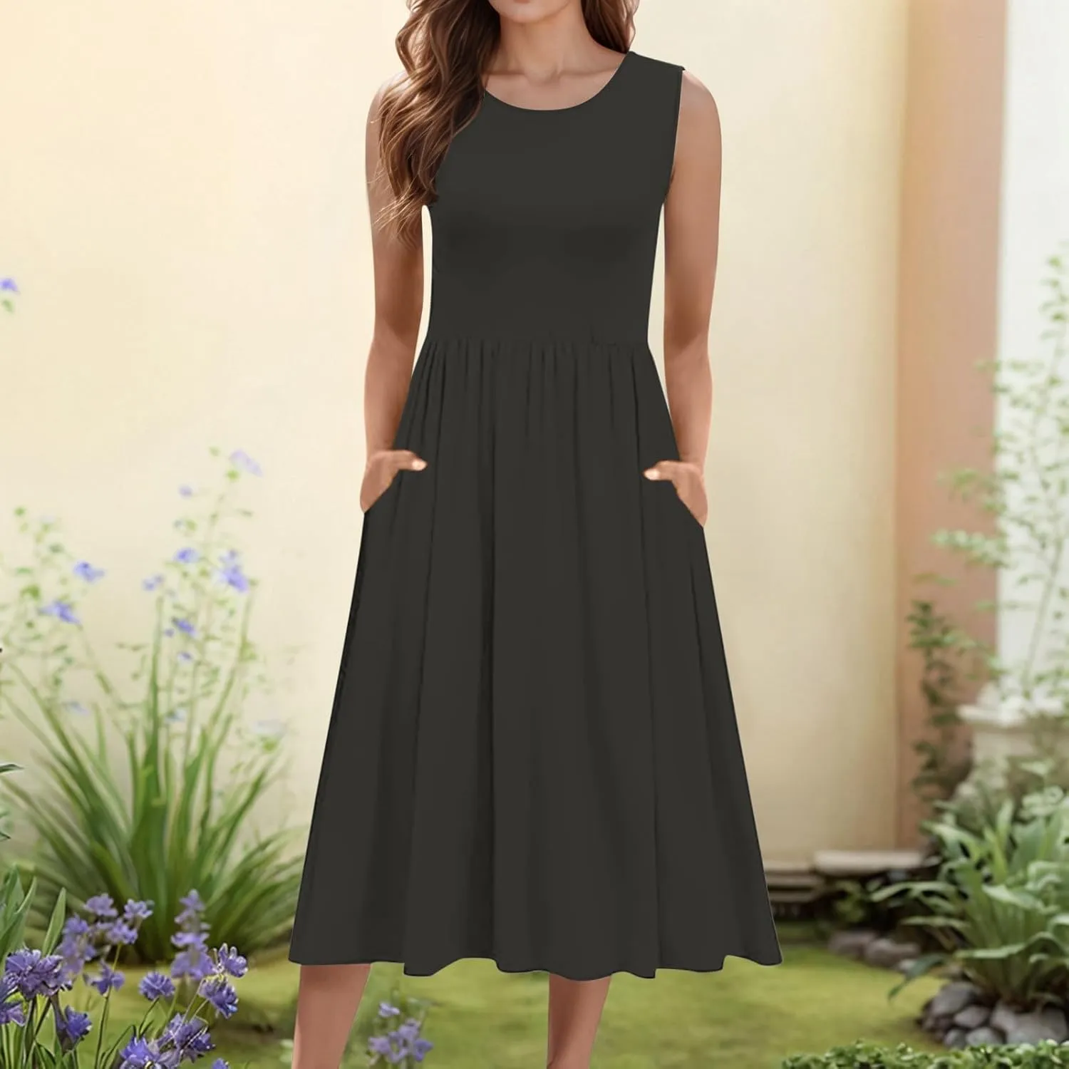 Summer Racerback Knit Sundress Sleeveless Boho Dress with Pockets Breathable Beach-to-Travel Midi A-Line Dress