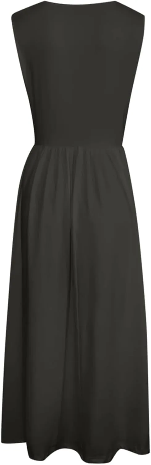 Summer Racerback Knit Sundress Sleeveless Boho Dress with Pockets Breathable Beach-to-Travel Midi A-Line Dress