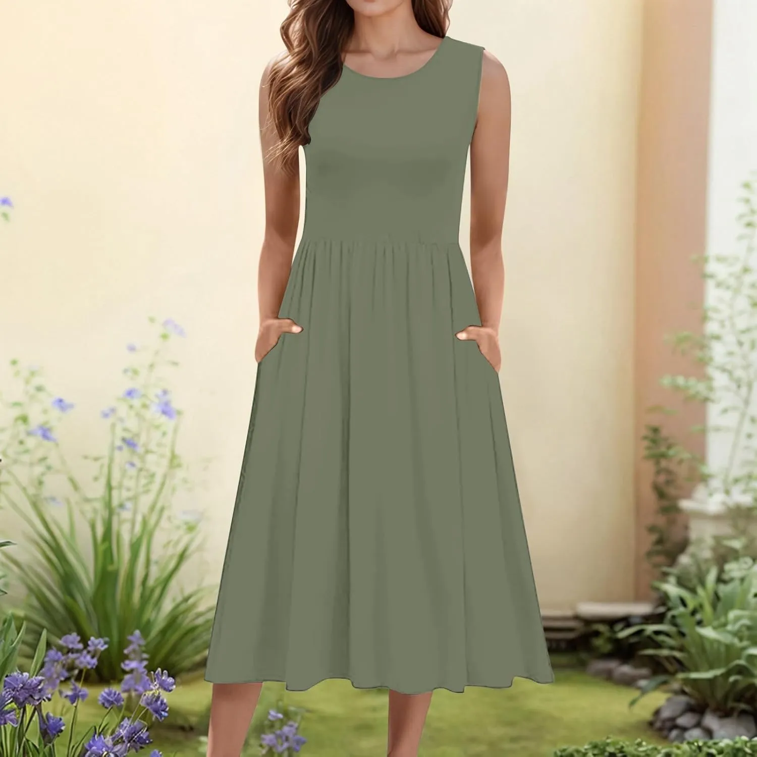 Summer Racerback Knit Sundress Sleeveless Boho Dress with Pockets Breathable Beach-to-Travel Midi A-Line Dress