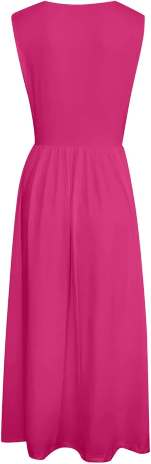 Summer Racerback Knit Sundress Sleeveless Boho Dress with Pockets Breathable Beach-to-Travel Midi A-Line Dress