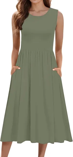 Summer Racerback Knit Sundress Sleeveless Boho Dress with Pockets Breathable Beach-to-Travel Midi A-Line Dress
