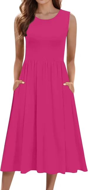 Summer Racerback Knit Sundress Sleeveless Boho Dress with Pockets Breathable Beach-to-Travel Midi A-Line Dress