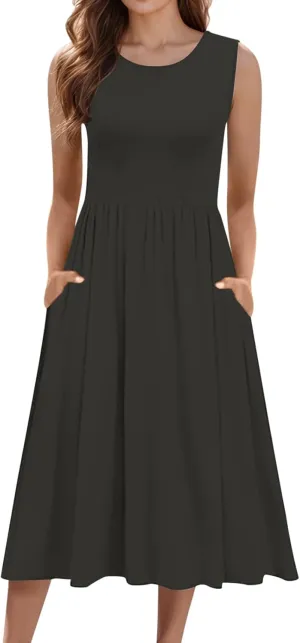 Summer Racerback Knit Sundress Sleeveless Boho Dress with Pockets Breathable Beach-to-Travel Midi A-Line Dress