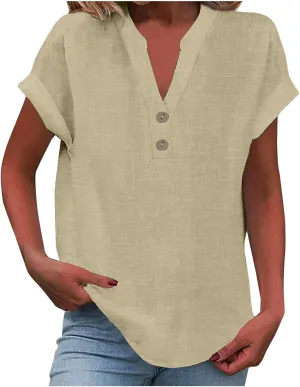 Summer Tops for Women 2025 Trendy Short Sleeve Cotton Linen Shirts Lightweight Casual Button V Neck Blouse Loose Tops