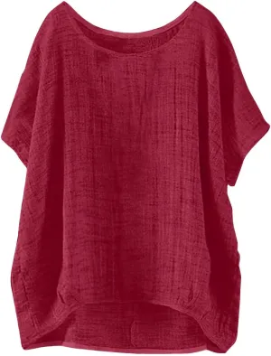 Summer Women Cotton Linen Tops Trendy Short Sleeve Casual Tshirt Oversized Loose Fit Crewneck Blouse High Low Hem Tees