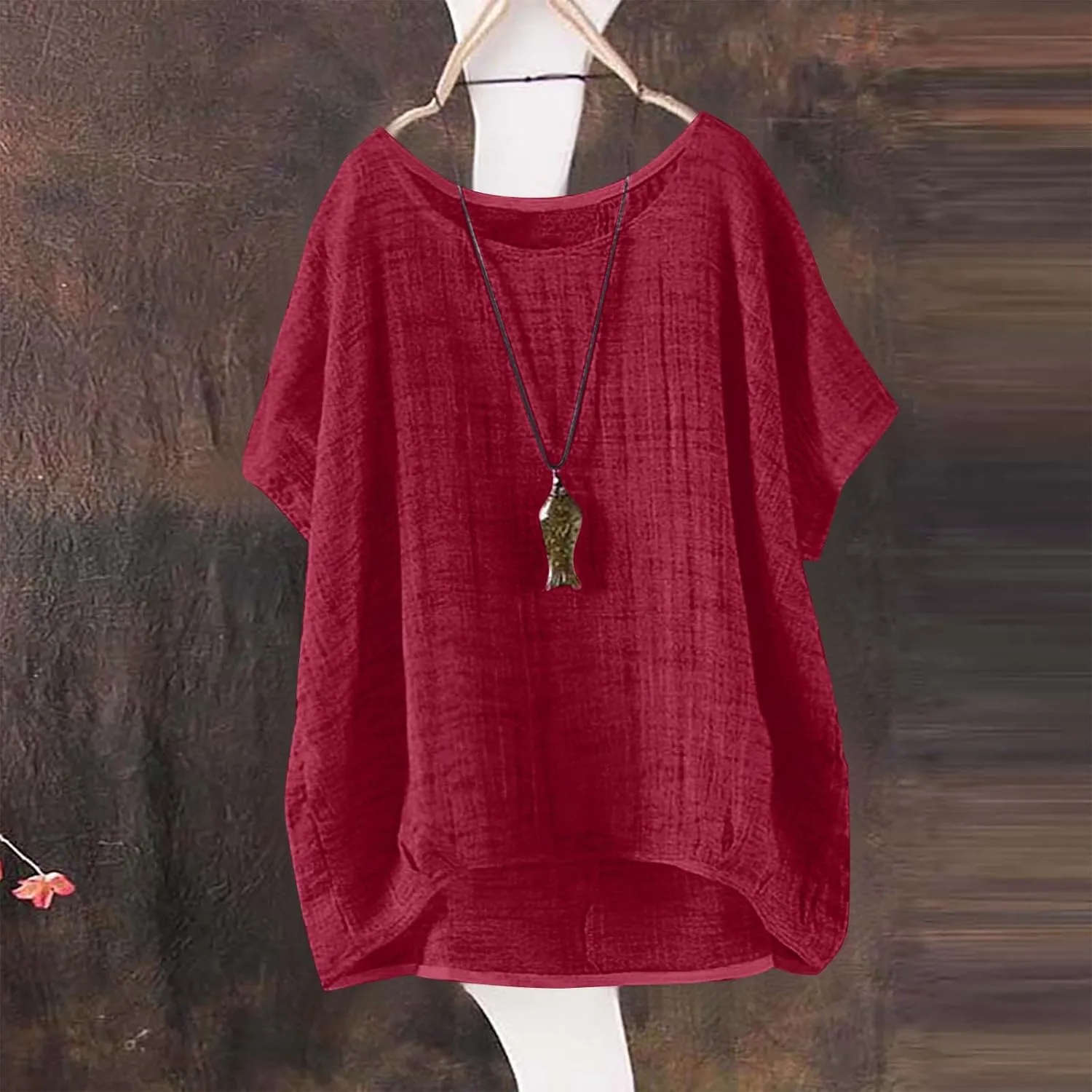 Summer Women Cotton Linen Tops Trendy Short Sleeve Casual Tshirt Oversized Loose Fit Crewneck Blouse High Low Hem Tees