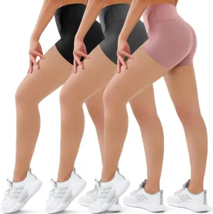 SUNCLOVE 3 Pack Biker Shorts for Women Tummy Control Workout Yoga Gym Running Shorts with Pockets