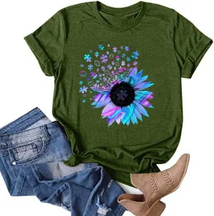 Sunflower Graphic Tee T Shirt Women Short Sleeve Cute Casual Tees Loose Fit Summer Tunic Tops