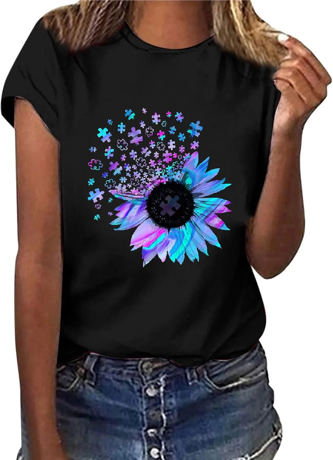 Sunflower Graphic Tee T Shirt Women Short Sleeve Cute Casual Tees Loose Fit Summer Tunic Tops
