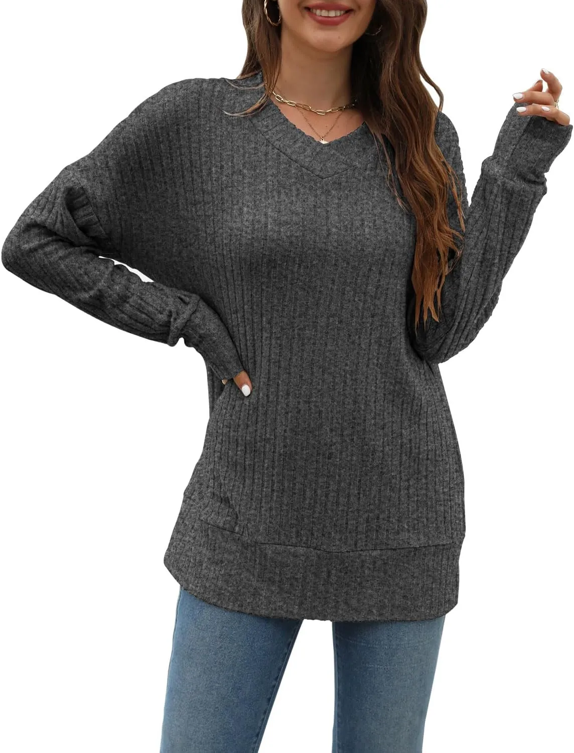 Sweater for Women Top Oversized Fashion Sweater Soft Striped V Neck Long Sleeve Pullover Sweatshirt