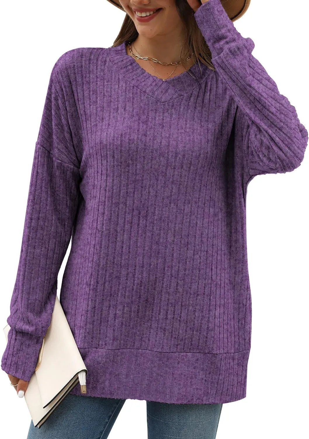 Sweater for Women Top Oversized Fashion Sweater Soft Striped V Neck Long Sleeve Pullover Sweatshirt