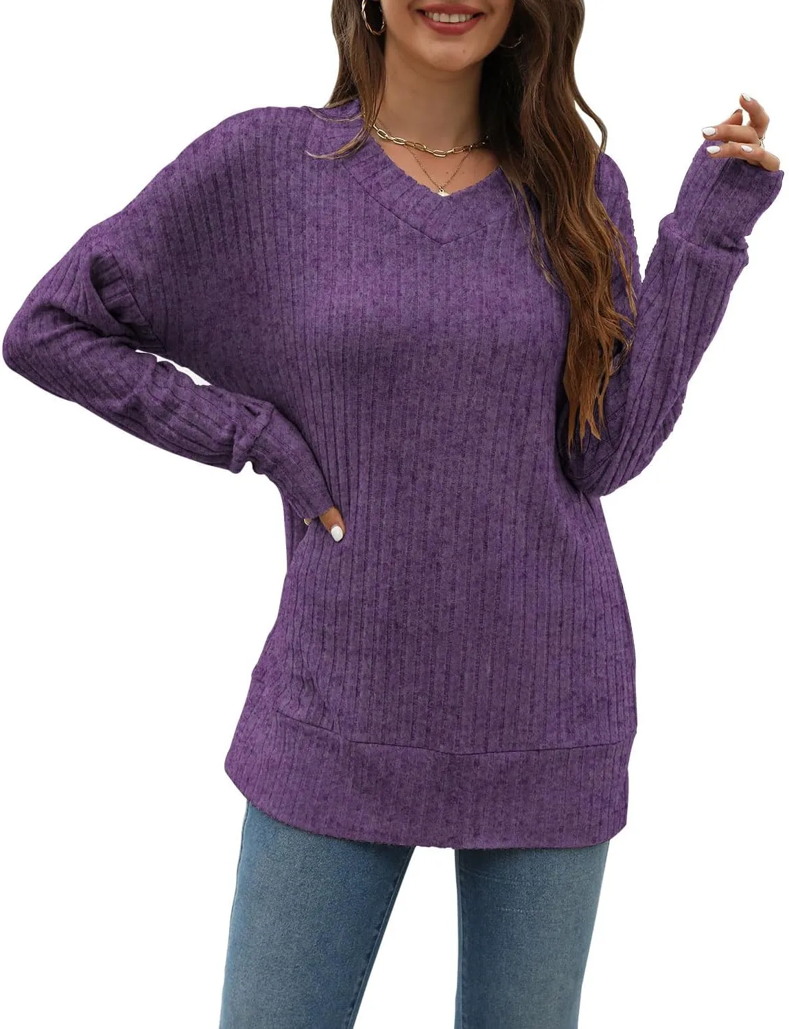 Sweater for Women Top Oversized Fashion Sweater Soft Striped V Neck Long Sleeve Pullover Sweatshirt