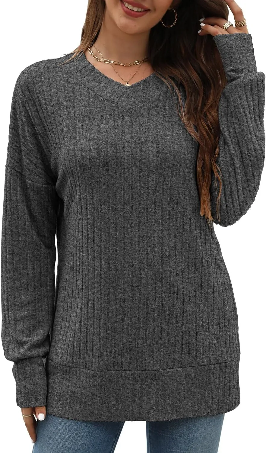 Sweater for Women Top Oversized Fashion Sweater Soft Striped V Neck Long Sleeve Pullover Sweatshirt