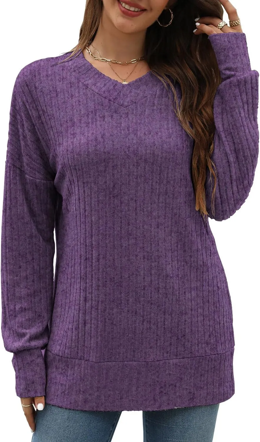 Sweater for Women Top Oversized Fashion Sweater Soft Striped V Neck Long Sleeve Pullover Sweatshirt