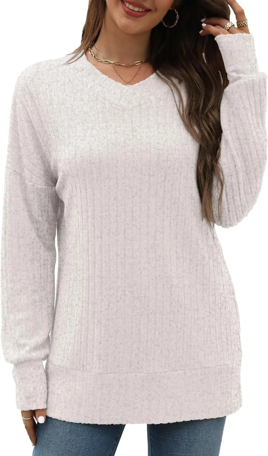 Sweater for Women Top Oversized Fashion Sweater Soft Striped V Neck Long Sleeve Pullover Sweatshirt