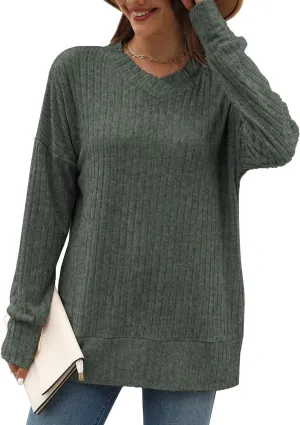 Sweater for Women Top Oversized Fashion Sweater Soft Striped V Neck Long Sleeve Pullover Sweatshirt