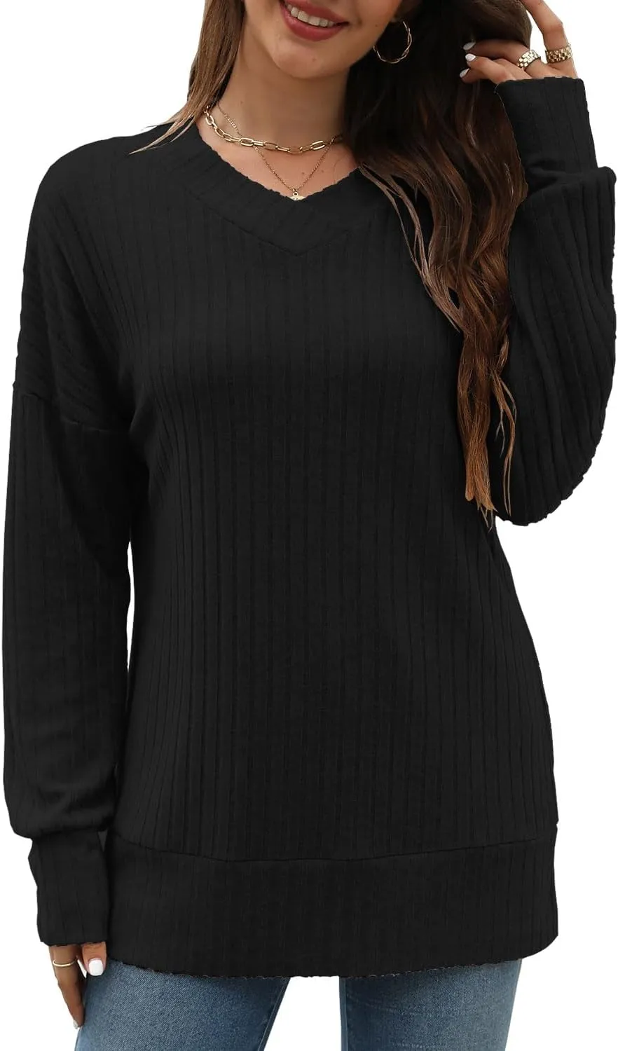 Sweater for Women Top Oversized Fashion Sweater Soft Striped V Neck Long Sleeve Pullover Sweatshirt