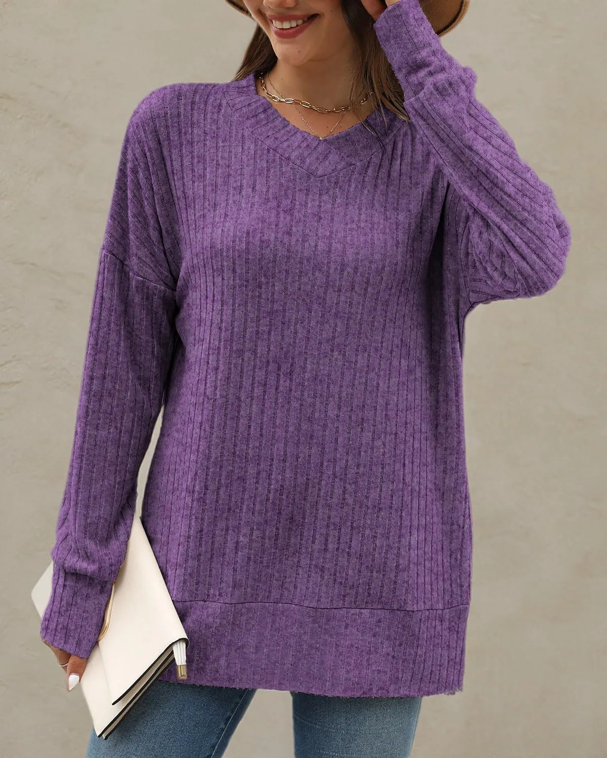 Sweater for Women Top Oversized Fashion Sweater Soft Striped V Neck Long Sleeve Pullover Sweatshirt