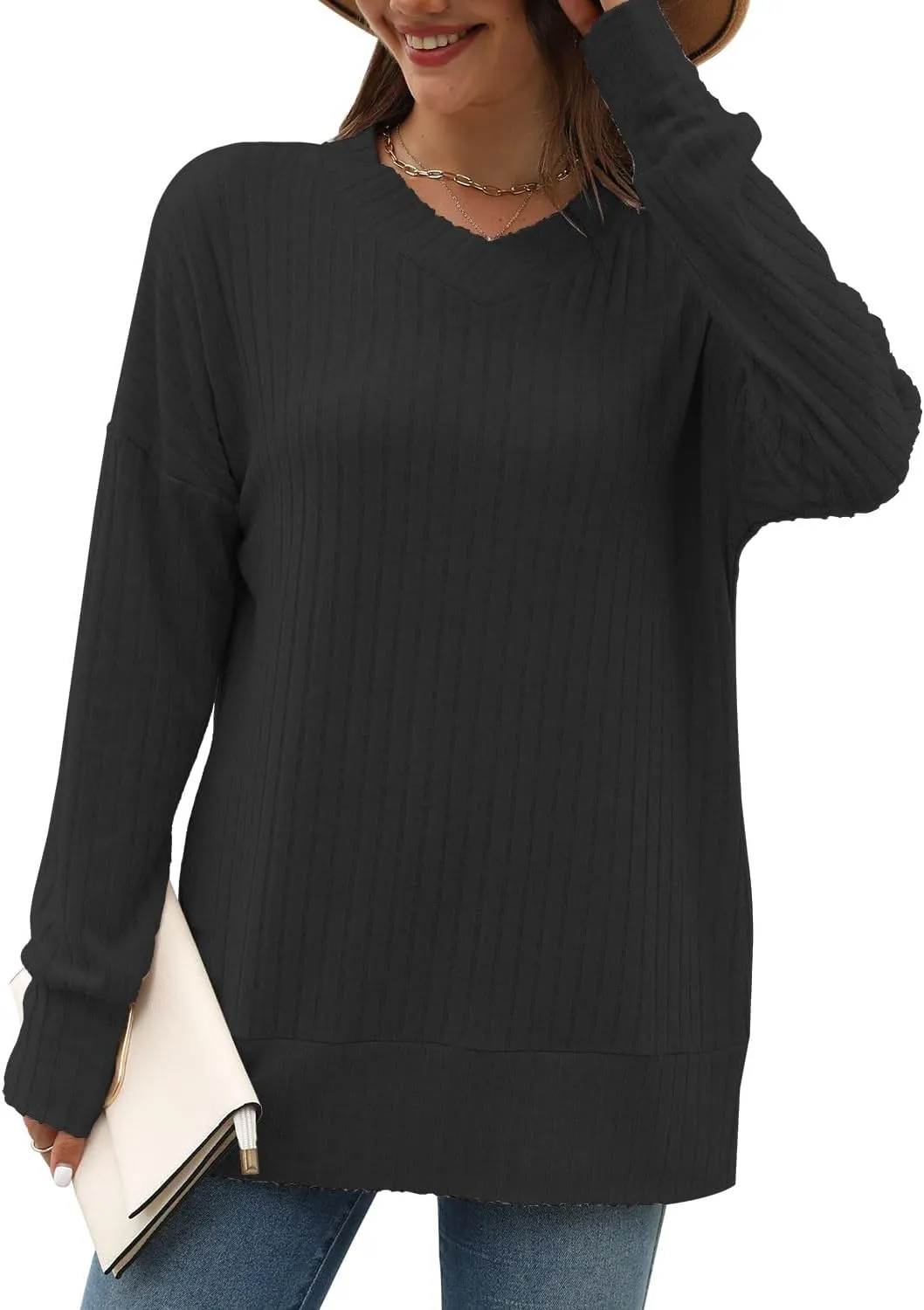 Sweater for Women Top Oversized Fashion Sweater Soft Striped V Neck Long Sleeve Pullover Sweatshirt