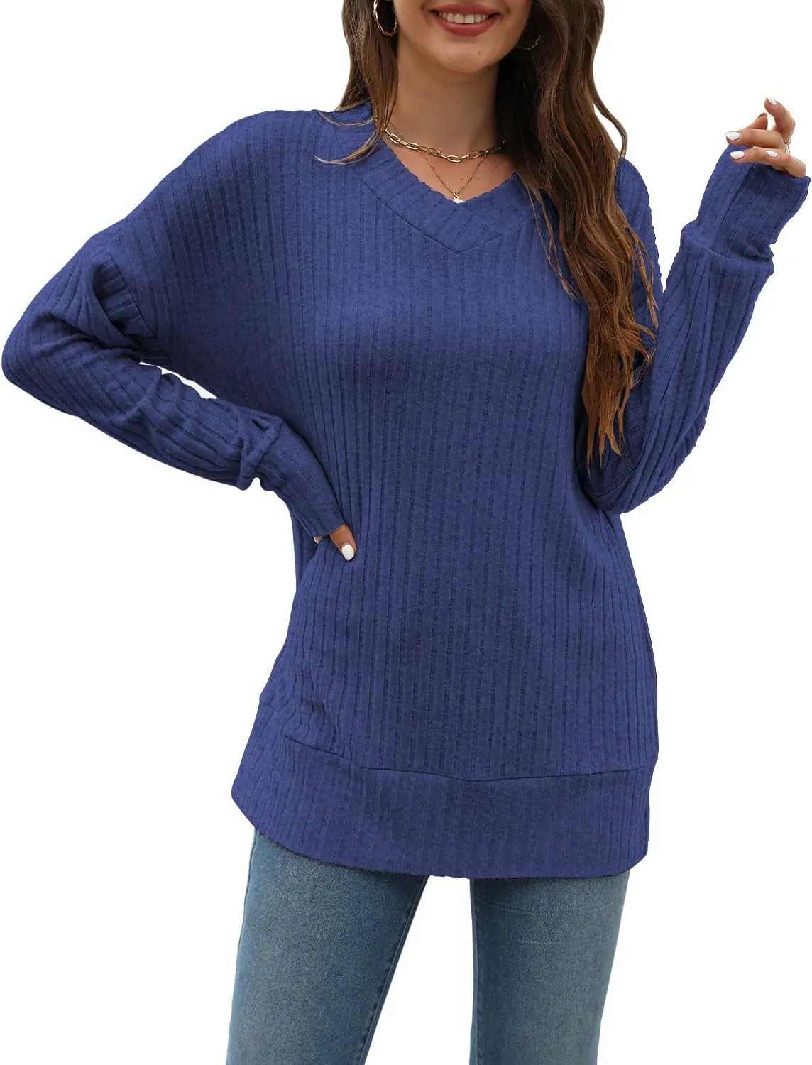 Sweater for Women Top Oversized Fashion Sweater Soft Striped V Neck Long Sleeve Pullover Sweatshirt